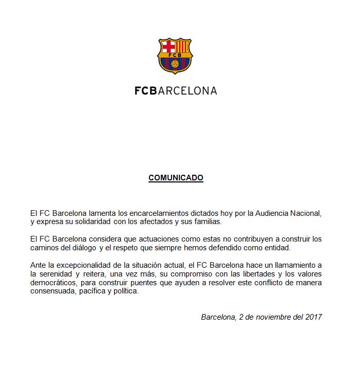 Fc Barcelona Hace Primer Pronunciamiento Sobre Crisis En Cataluña Canal 1