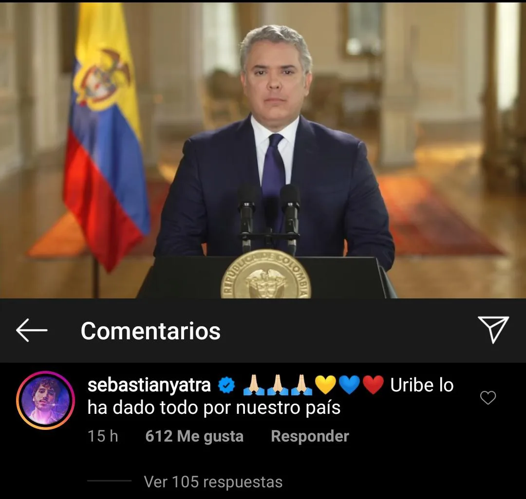 sebastian yatra defiendo alvaro uribe instagram