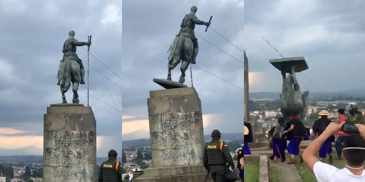 Video: indígenas derribaron estatua de Sebastián de Belalcázar en Popayán -  Noticentro 1 CM&