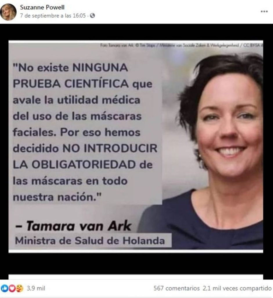 ministra Tamara Van Ark uso de tapabicas holanda