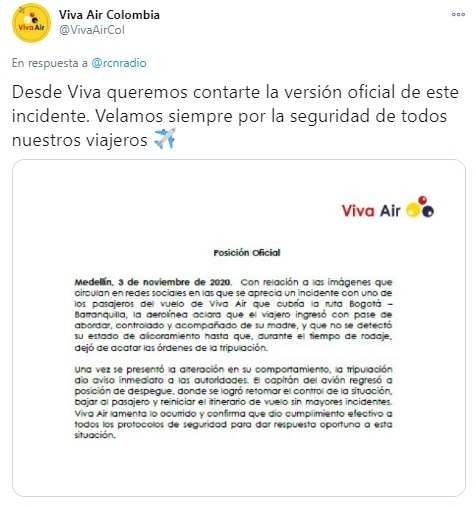 Comunicado Viva Air sobre pasajero en El Dorado