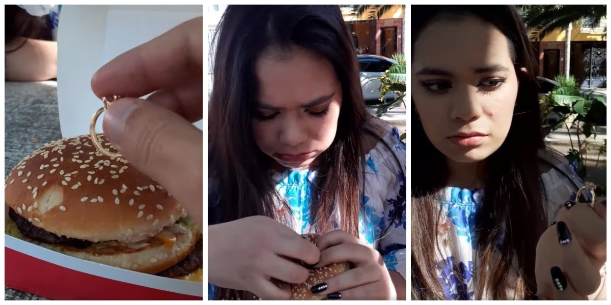 Inusual propuesta matrimonio con el anillo dentro de hamburguesa
