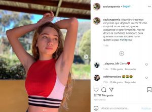 Luna Pernía publicó fotos axilas sin depilar