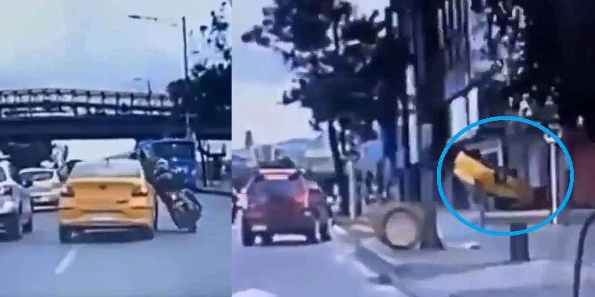 Taxista sin control atropelló a un motociclista y terminó volcado en Bogotá