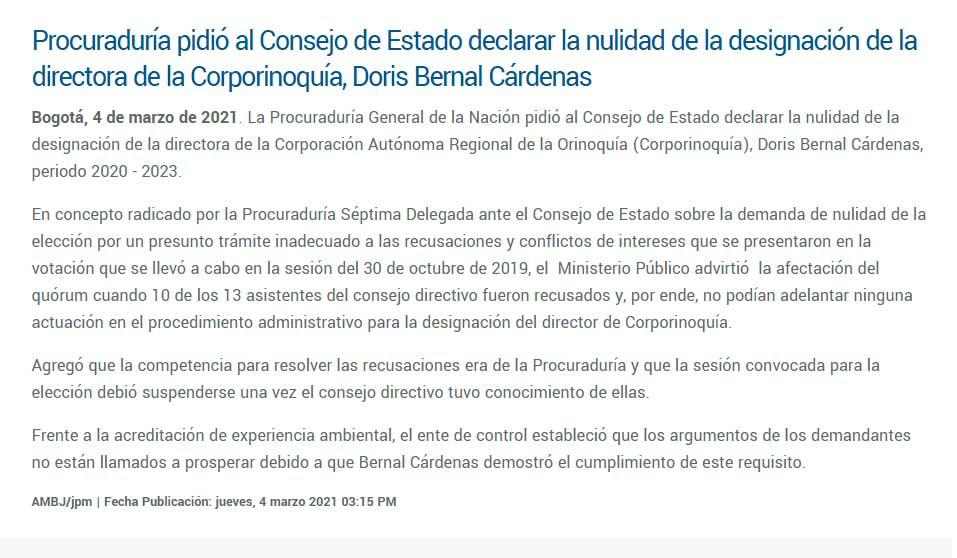 Procuraduría pidió al Consejo de Estado declarar la nulidad de la designación de la directora de la Corporinoquía, Doris Bernal Cárdenas