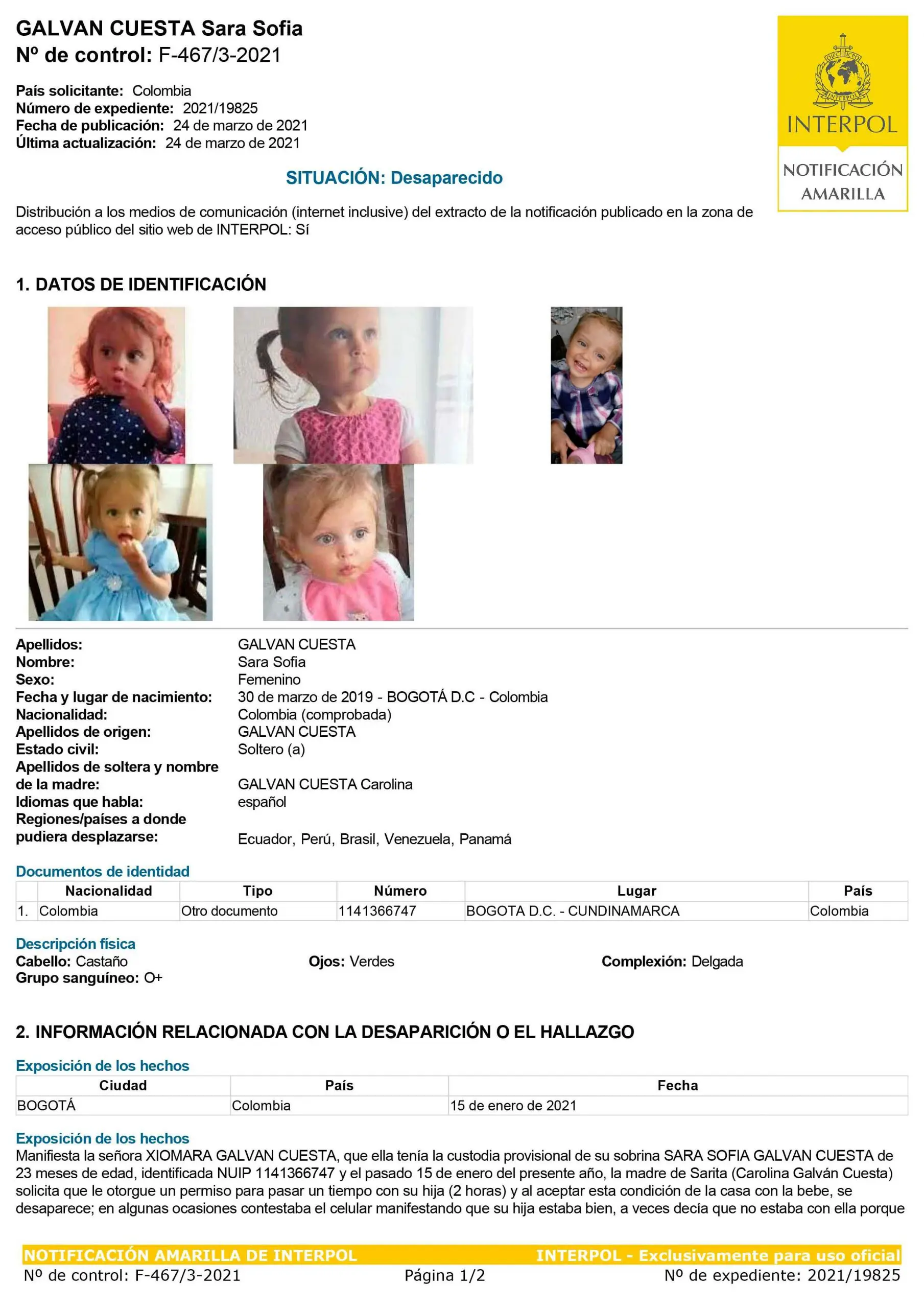 Interpol expide circular amarilla para ubicar a la niña Sara Sofía en 196 países
