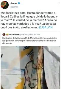 Juanes lamenta que borraran mural J Balvin comuna 13
