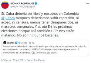Mónica Rodríguez le respondió a Juanes trino sobre Cuba