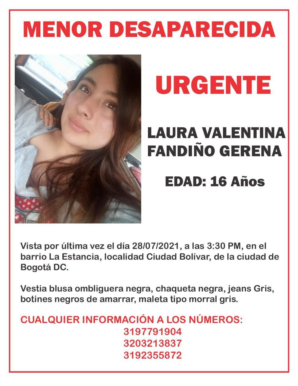 Reportan una menor de 16 años desaparecida en Bogotá