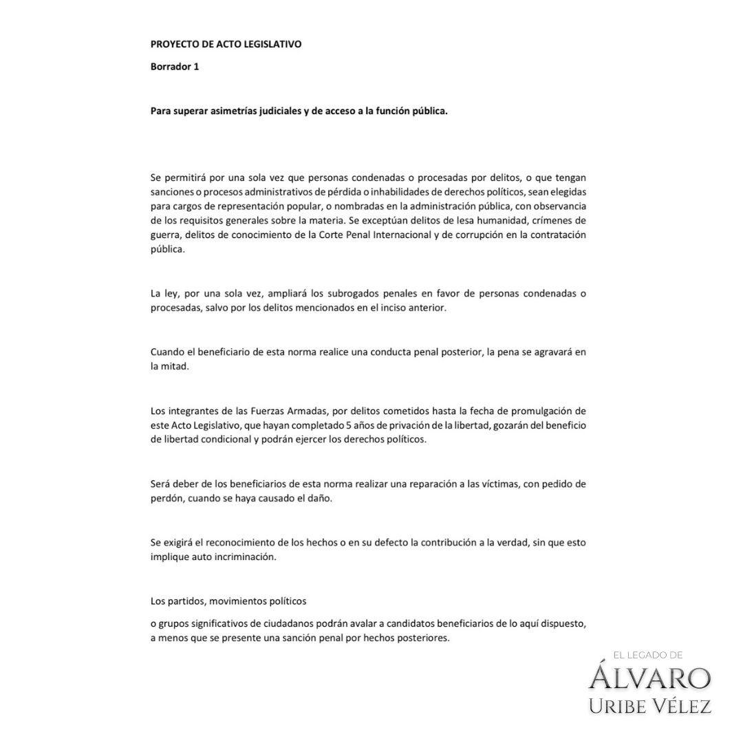 Revelan borrador de la amnistía general propuesta por Álvaro Uribe