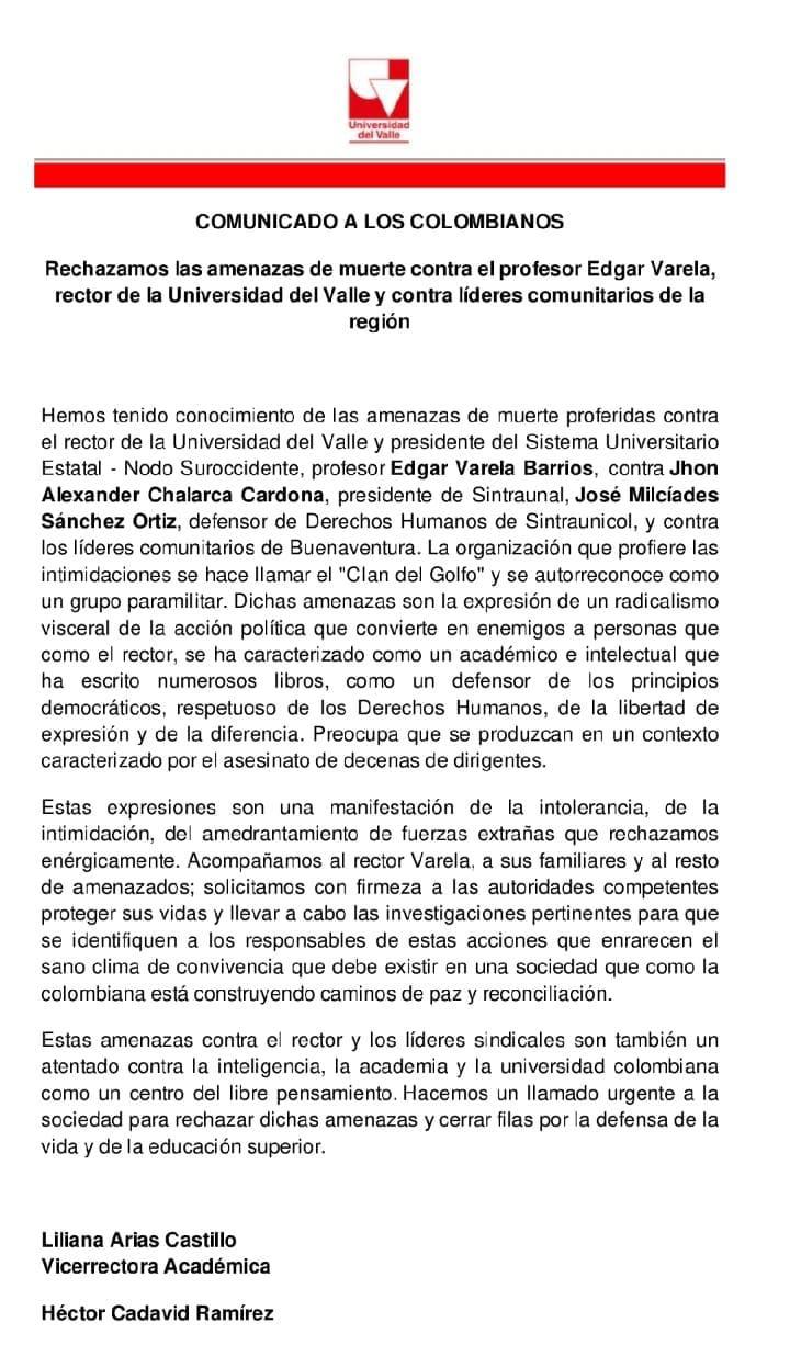 Denuncian amenazas contra el rector de la Universidad del Valle, Edgar Varela, un dirigente sindical y un defensor de DD. HH.
