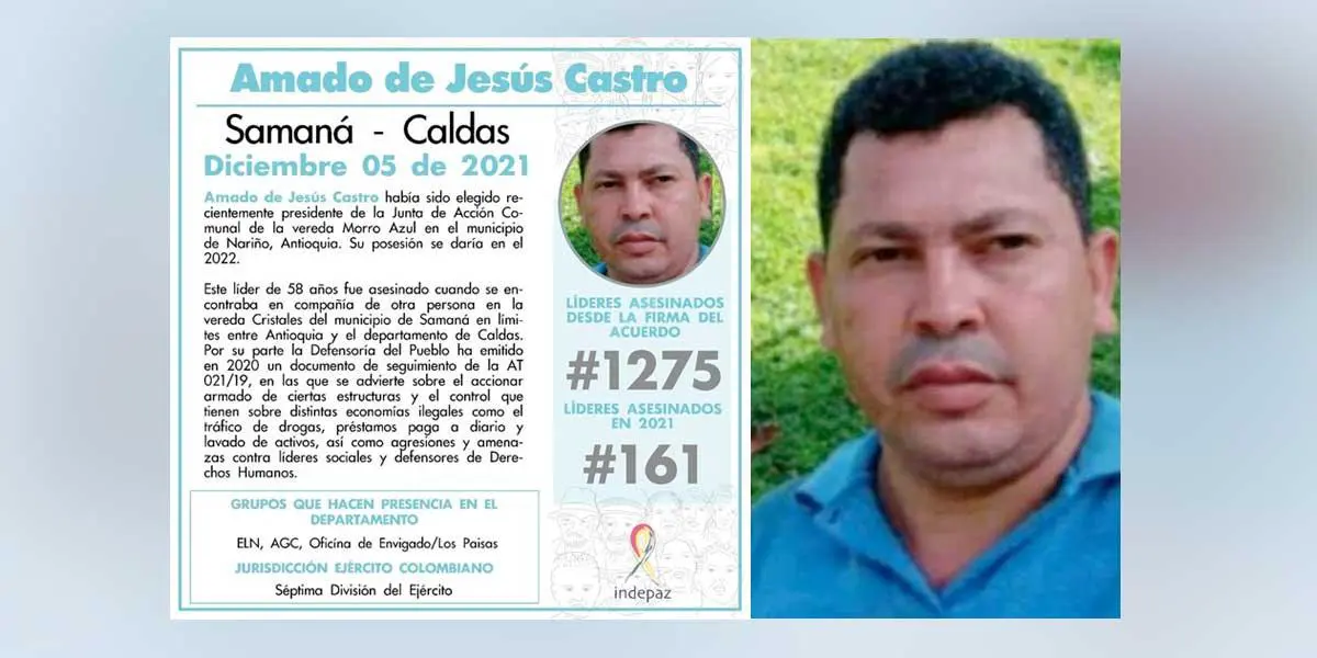 Asesinan al líder social Amado de Jesús Castro en Samaná, Caldas