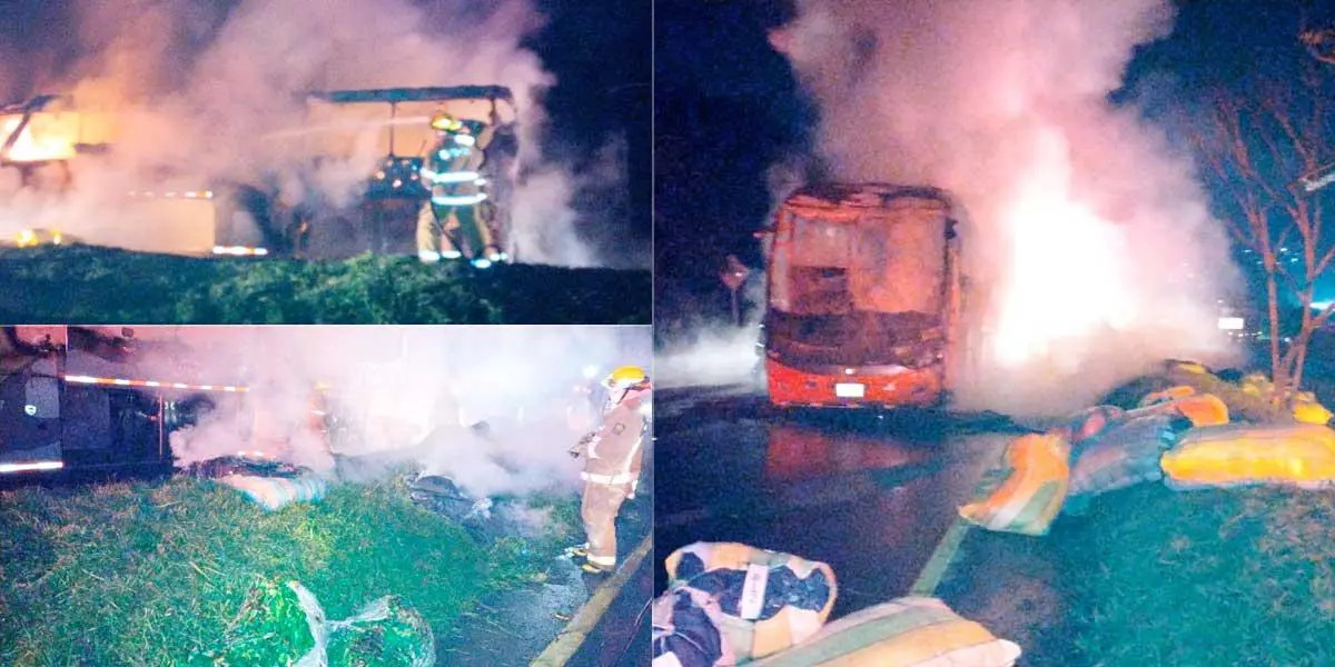 (Video) Voraz incendio de un bus intermunicipal tras sufrir siniestro vial en Quebrajacho