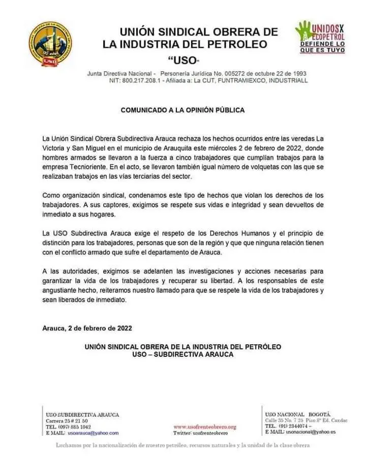 Cinco trabajadores de una petrolera fueron secuestrados en Arauquita