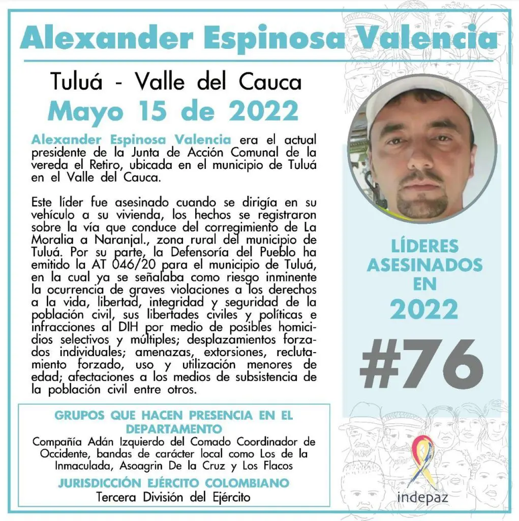 Asesinan al líder social Alexander Espinosa Valencia en vereda cerca a Tuluá mientras conducía su carro