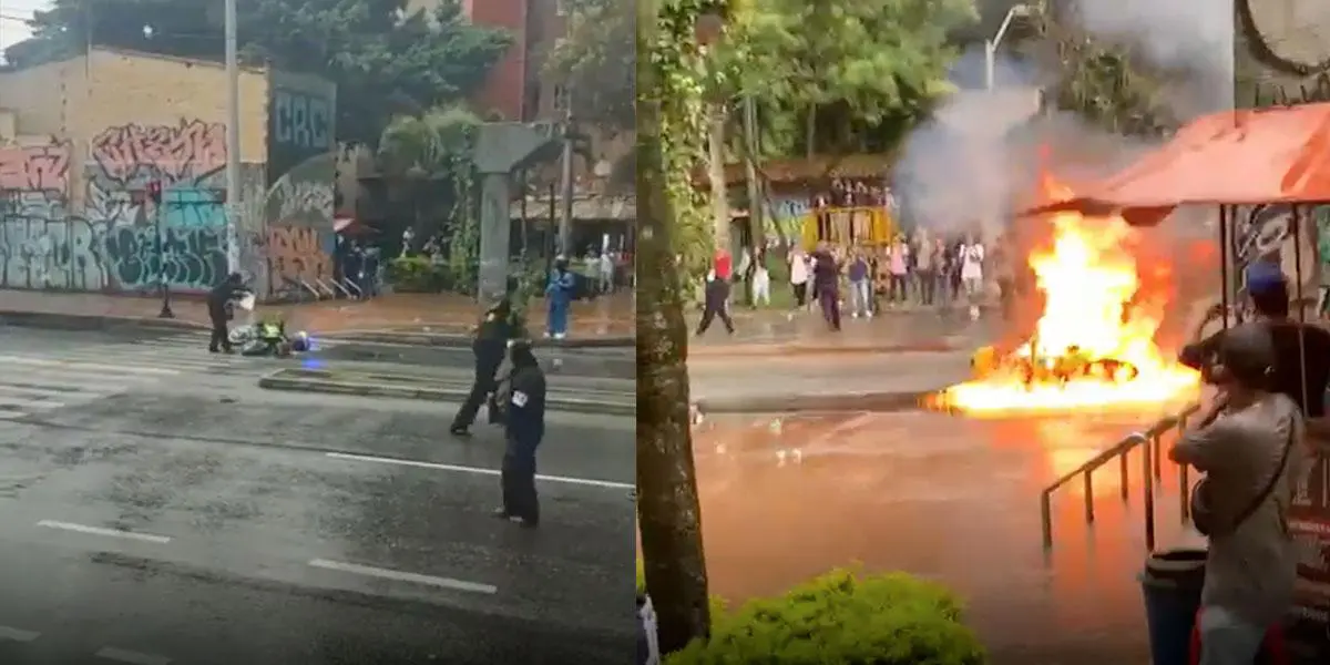 Duros disturbios en la U. de Antioquia: encapuchados queman moto de la Policía
