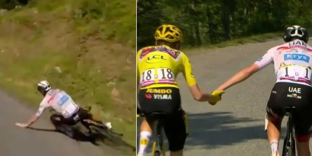 Compañerismo en el Tour de Francia, tras caída de Pogacar, Vingegaard lo esperó y se dieron la mano