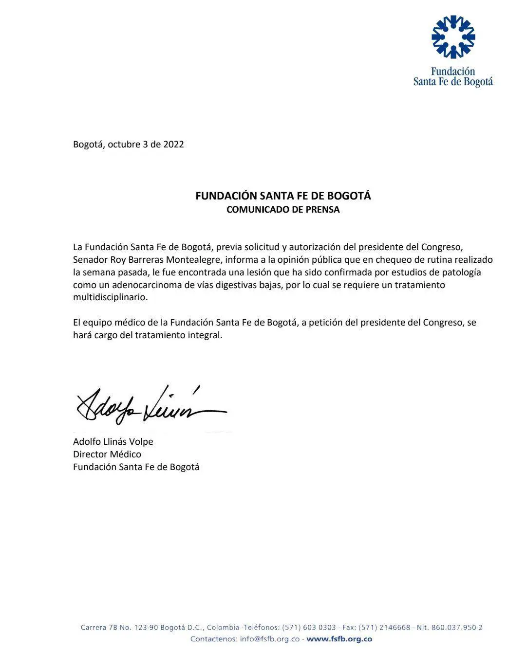 La Fundación Santa Fe revela que el Senador Roy Barreras tiene cáncer
