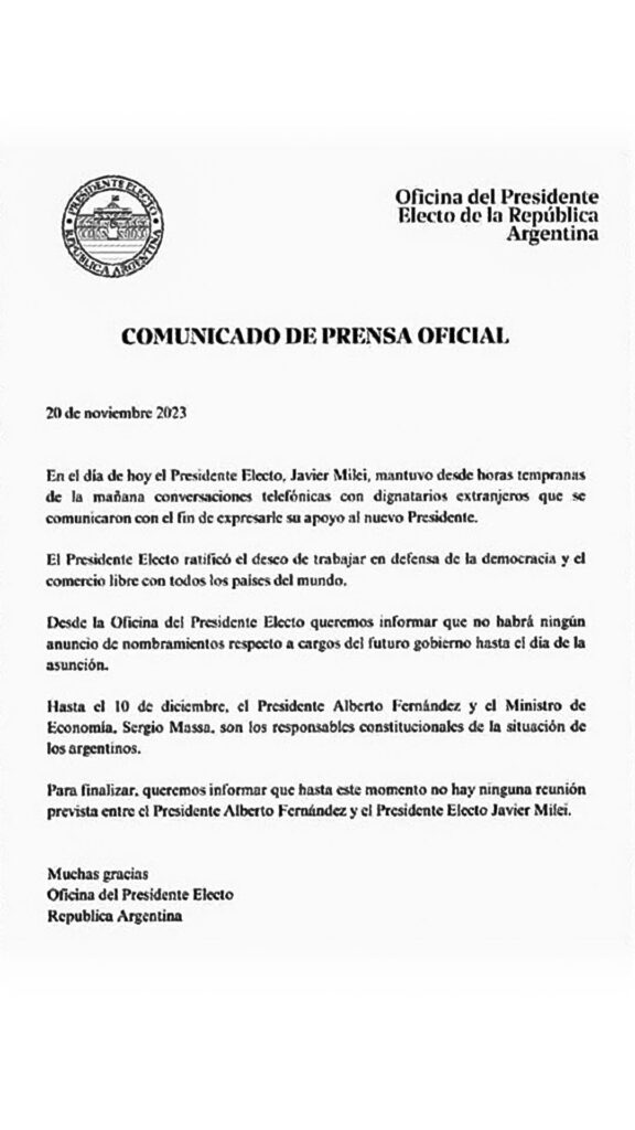 Comunicado de prensa oficial de la República de Argentina