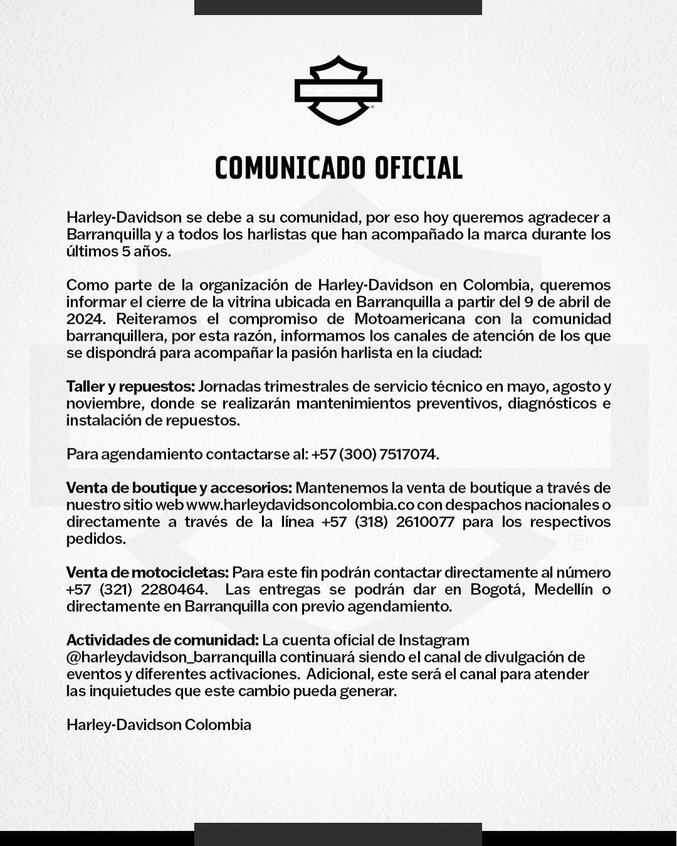 Comunicado Harley Davidson Barranquilla
