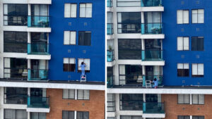 Video | ¡Qué peligro! Mujer arriesga su vida al limpiar balcón de un piso 23 en Bogotá