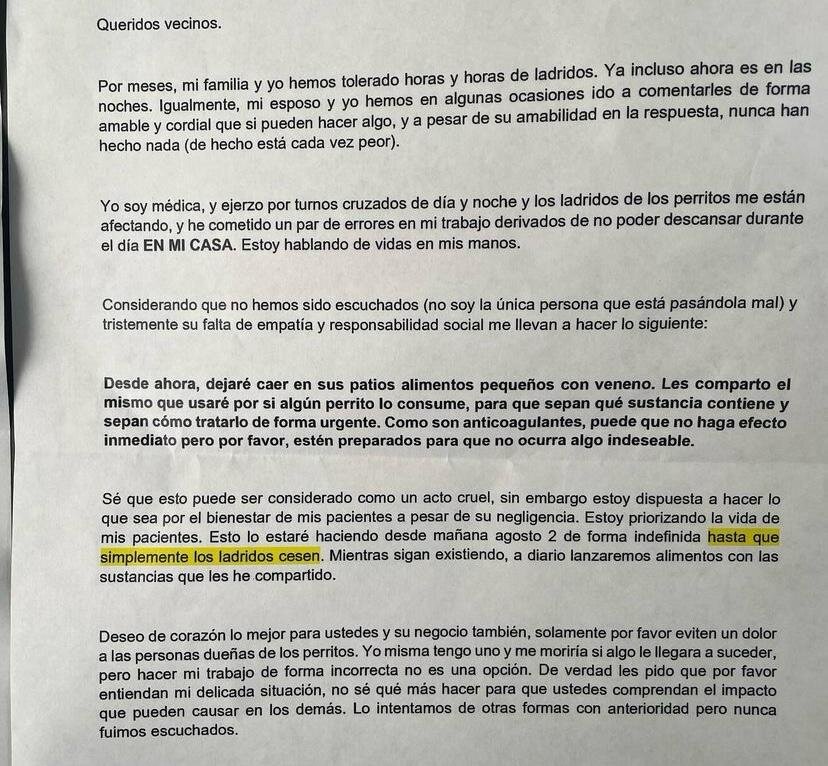 Carta amenazando a aperros