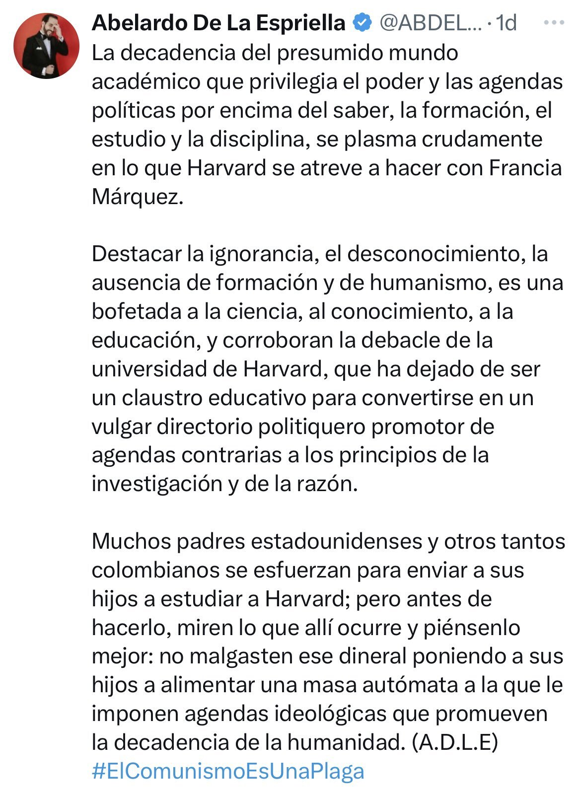 Abelardo de la Espriella sobre reonocimiento a Francia Márquez