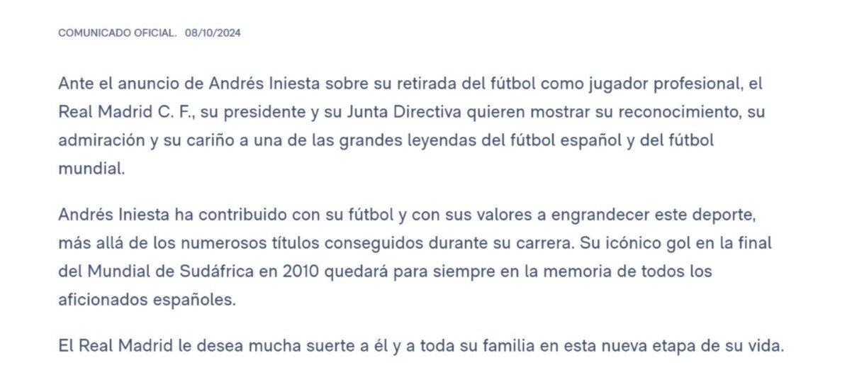 Comunicado oficial Real Madrid sobre el retiro de Andrés Iniesta