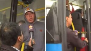 Video | Se va: periodista tuvo percance en vivo cuando entrevistaba en un bus