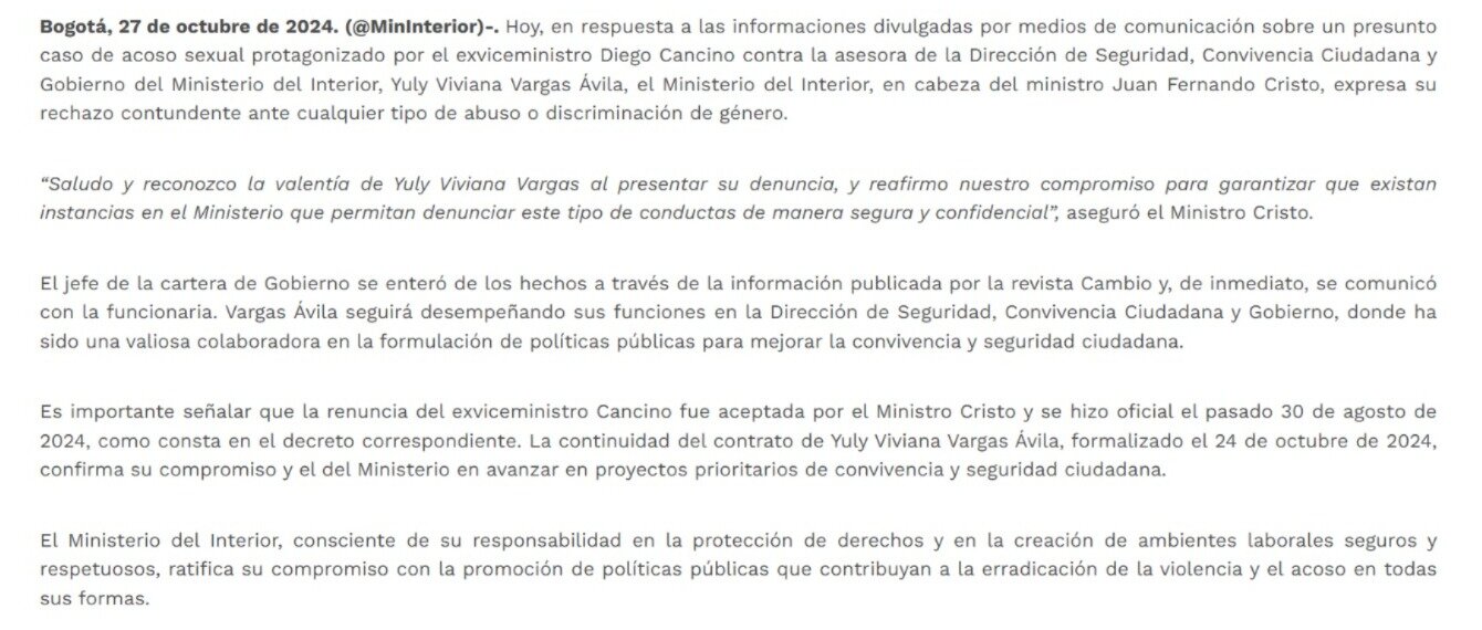 Comunicado de prensa Ministerio de Interior sobre caso Cancino