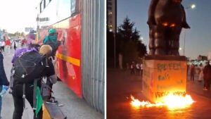 Video | Vandalizan estatua y buses de TransMilenio en medio de marchas feministas