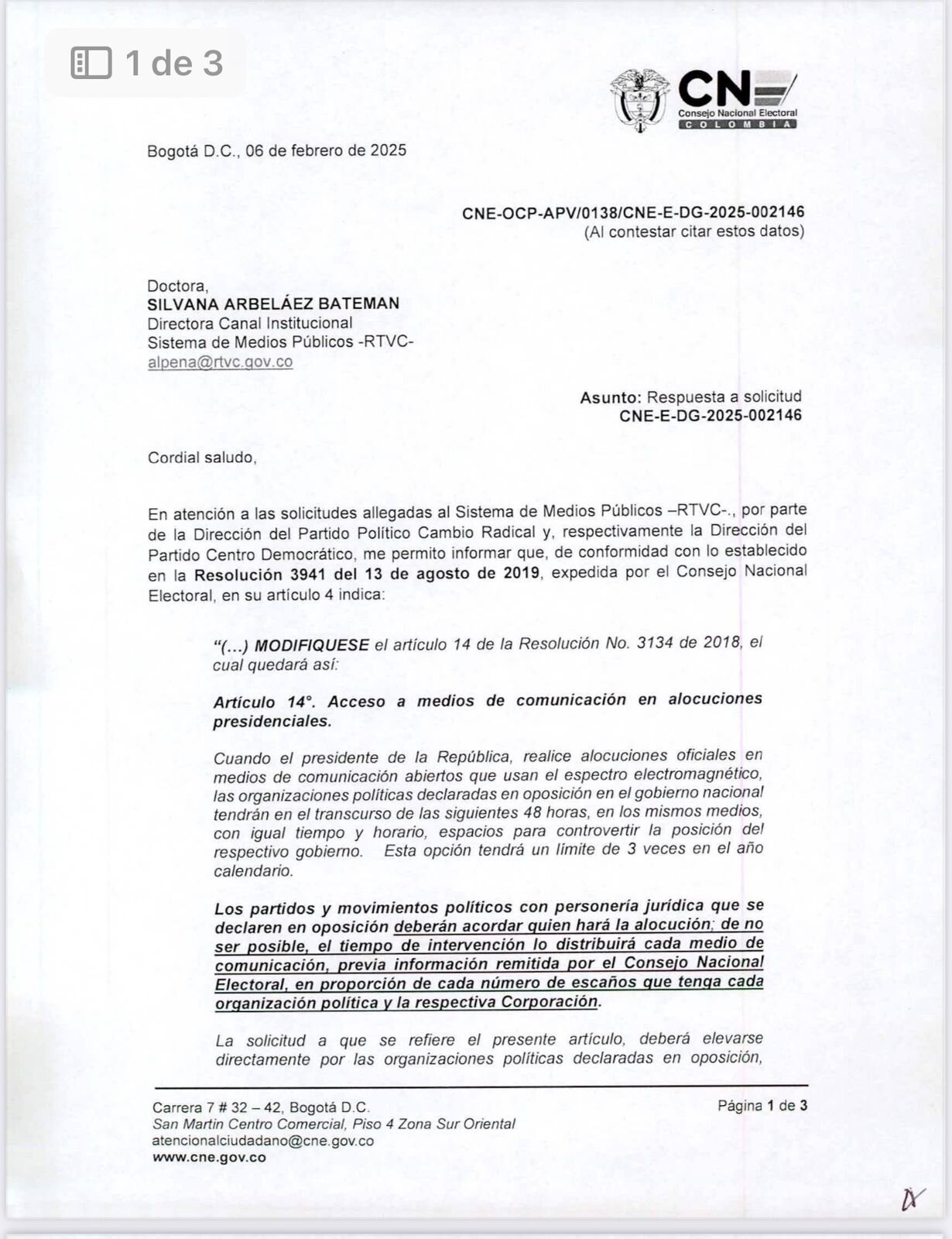 Consejo Nacional Electoral (CNE) acaba de autorizar a los partidos de oposición la réplica a la alocución presidencial.