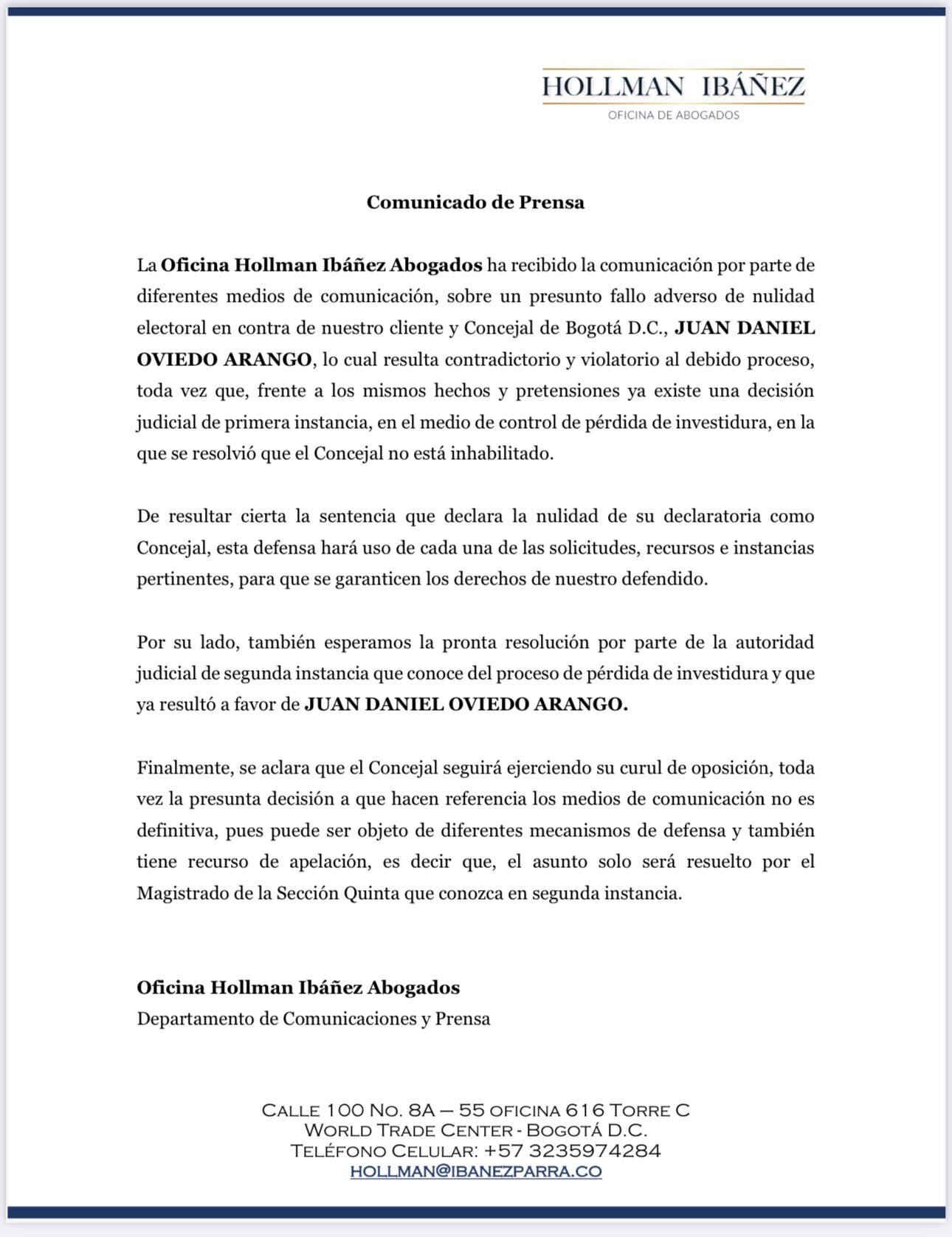 Comunicado de prensa de la defensa de Oviedo vía X