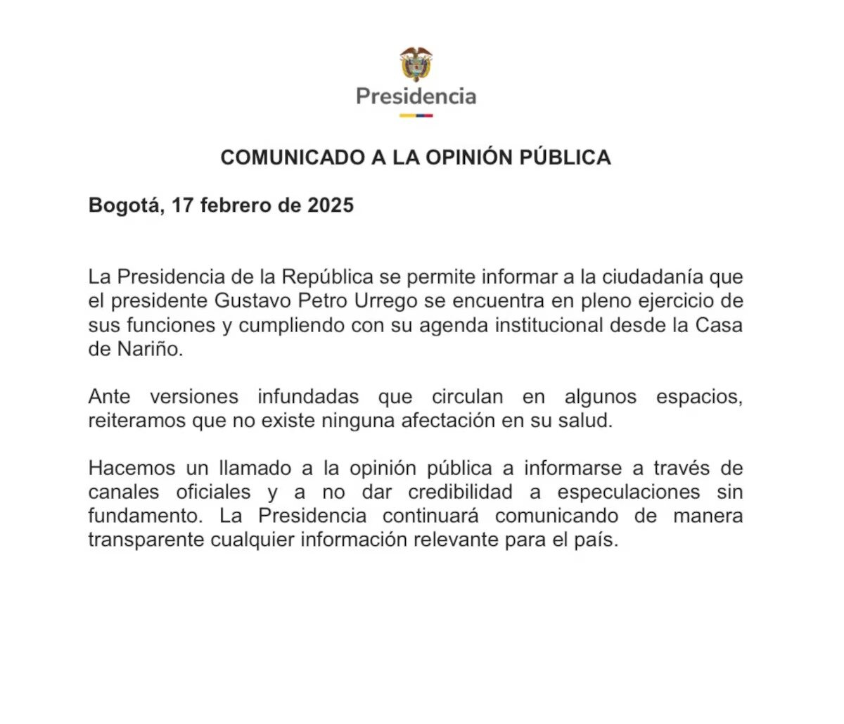 Comunicado oficial de la Presidencia sobre rumores de salud de Petro