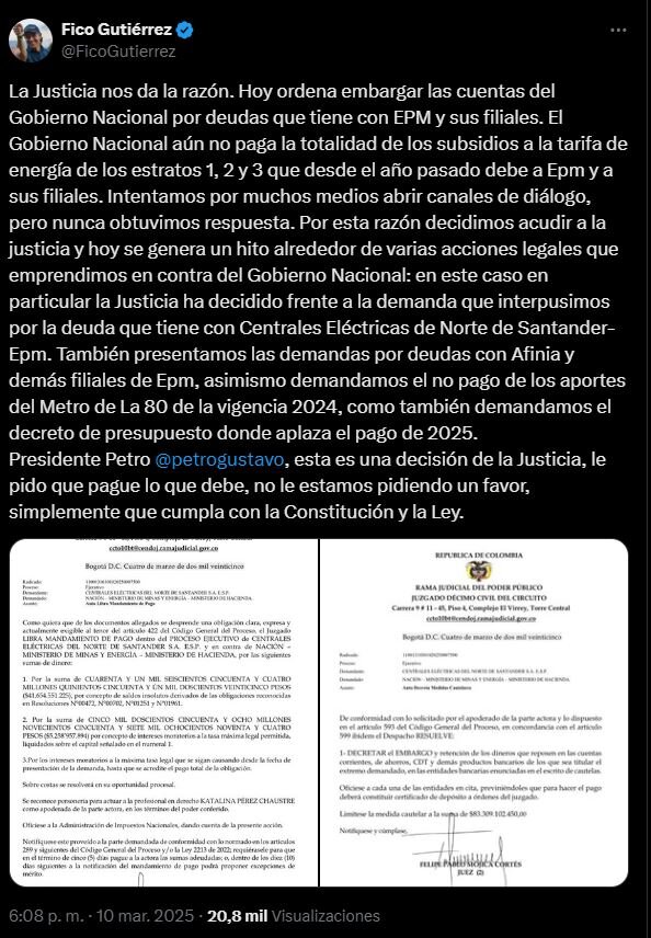 Cuentas del Gobierno son embargadas por cuentas con una empresa pública de Medellín: esto es lo que se sabe 