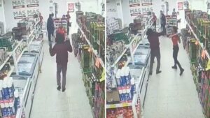 En video queda registrado como empleada de supermercado se enfrenta a presuntos ladrones