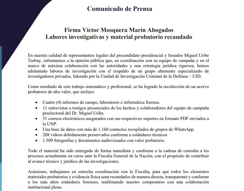 Comunicado de prensa Víctor Mosquera