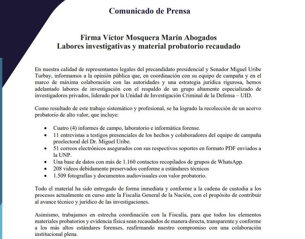 Comunicado de prensa Víctor Mosquera