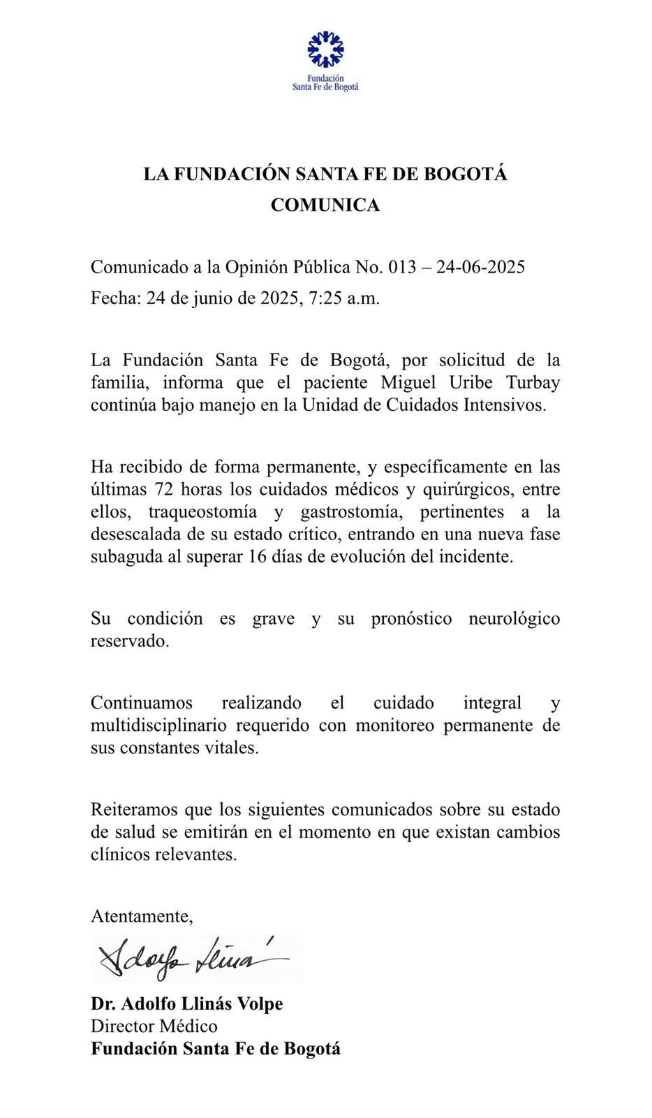 Actualización salud Miguel Uribe