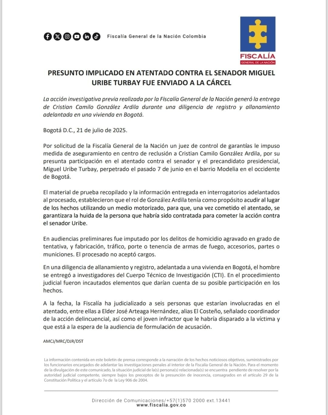 Nuevo capturado en el caso del atentado contra Miguel Uribe Turbay ya son seis detenidos