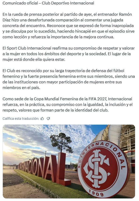 Comunicado oficial del Sport Club Internacional