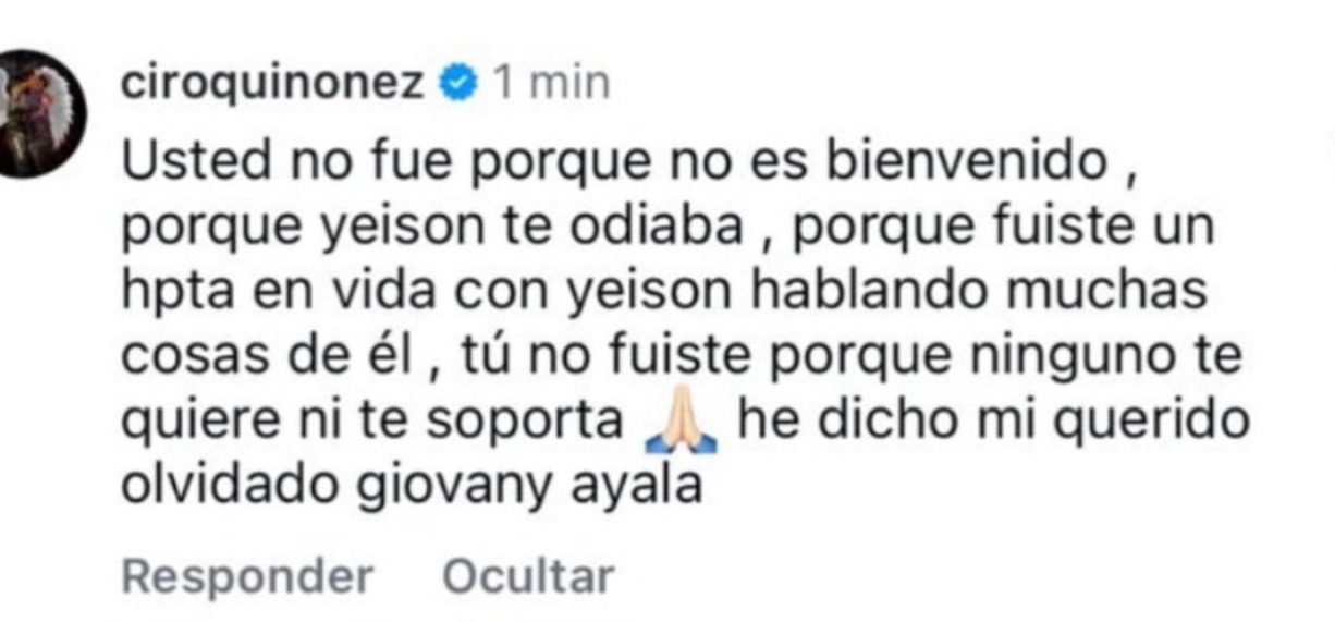 Respuesta de Ciro Quiñonez a Giovanny Ayala vía Instagram