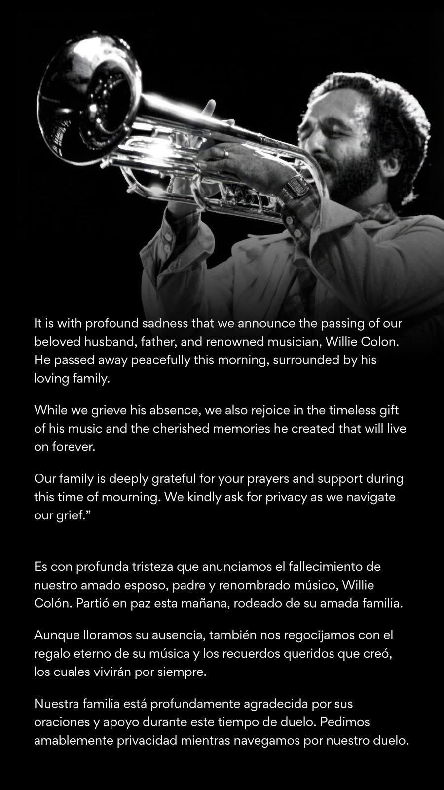 Comunicado fallecimiento Willie Colón